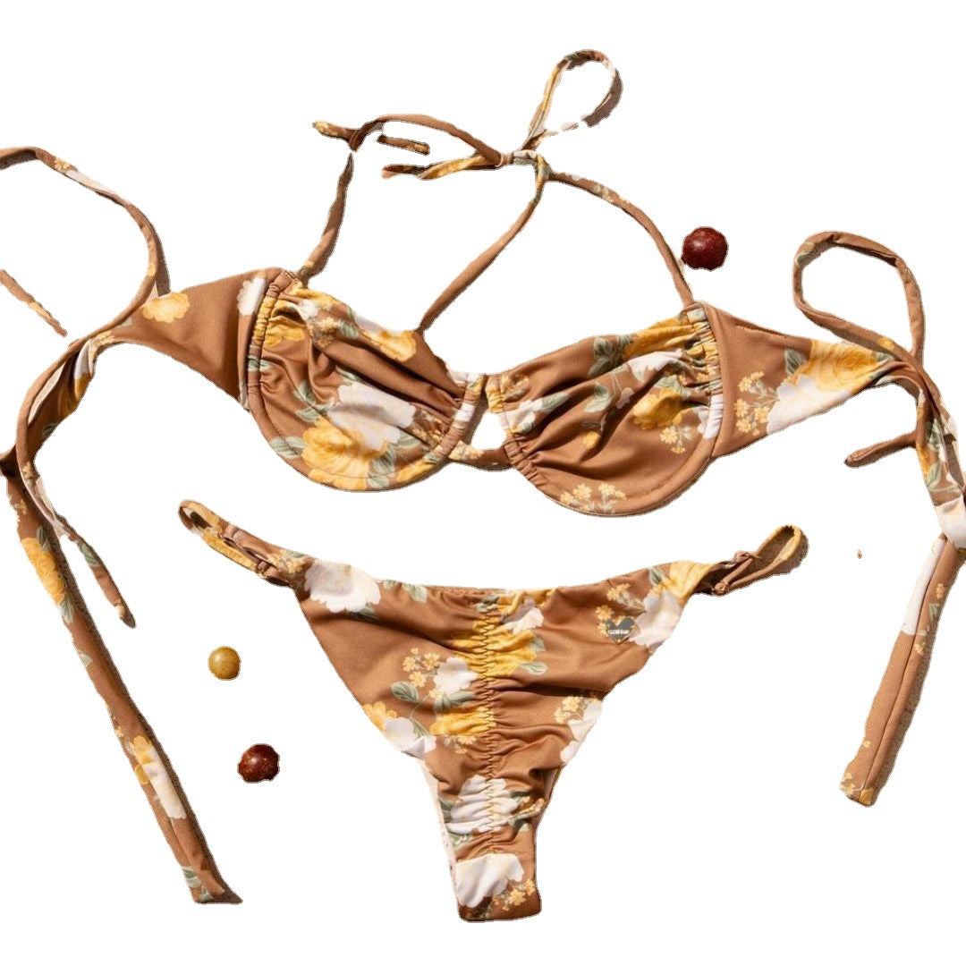 Split Swimsuit Hard-wrapped Steel Bracket Back Pleating Printed Halter Bikini