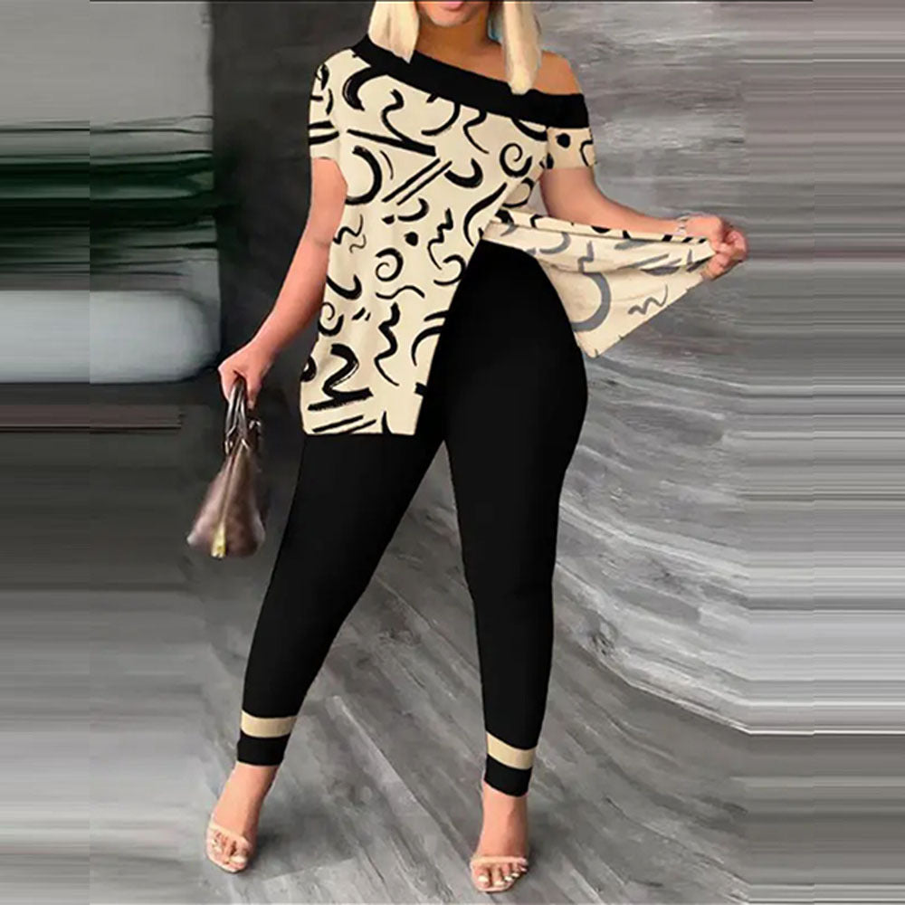 Split Print Short Sleeve Pants Set