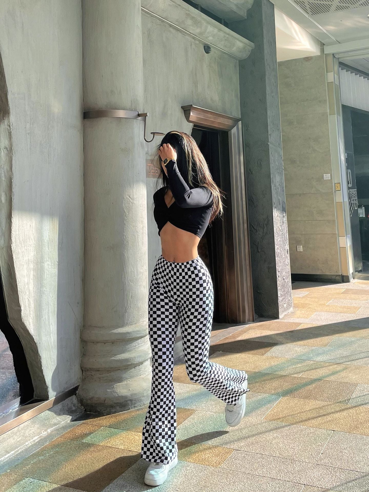 Chessboard Plaid Bell-bottom Pants Female Fitness Yoga Wear