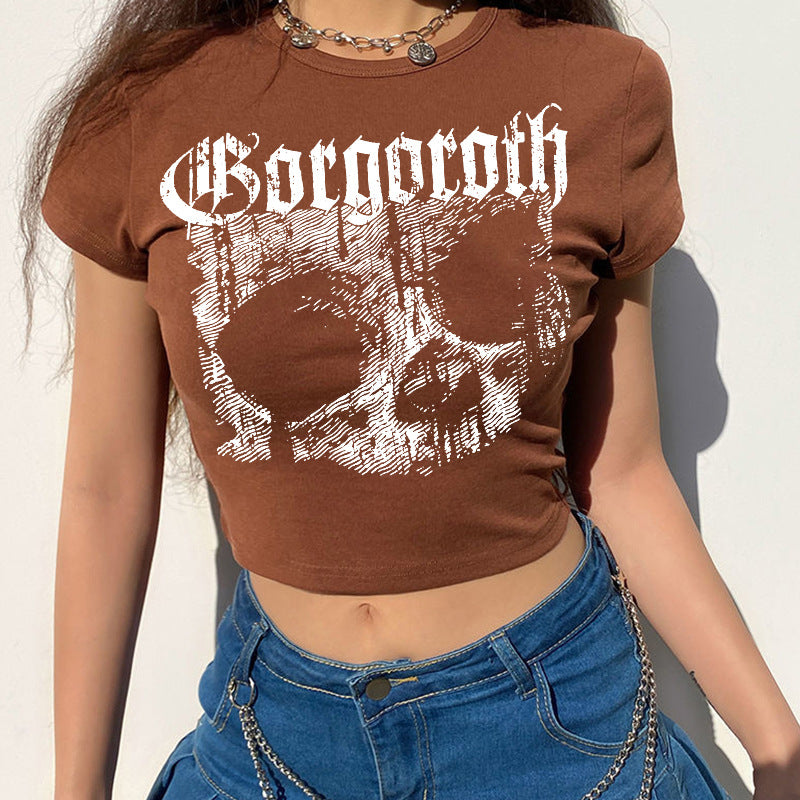 Vintage Short Sleeve T-shirt 90s Gothic Harajuku Print Pattern Croptop Skeleton Skull Female Top