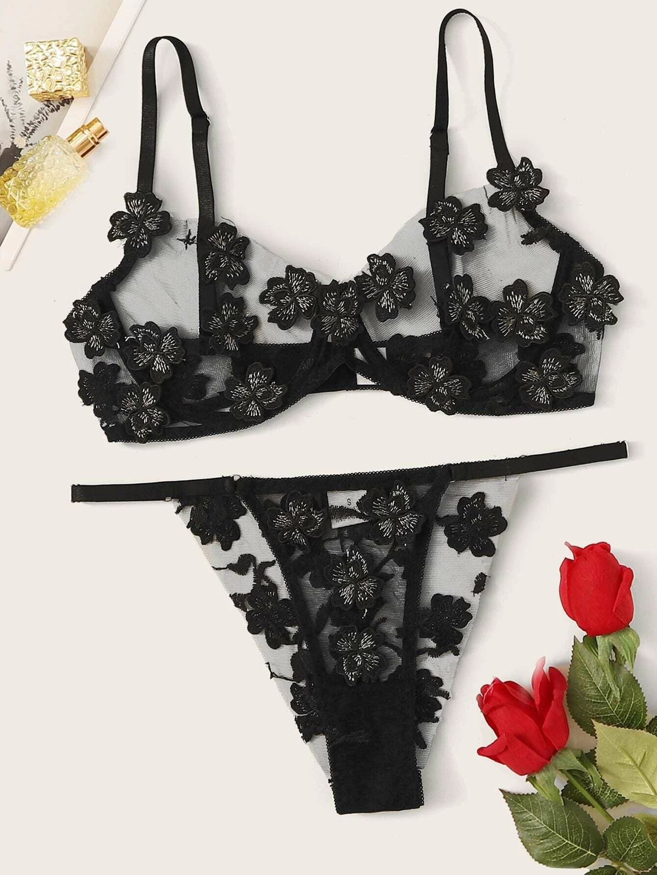 European And American Underwear Set Sexy Sweet Mesh Embroidered Flower Applique