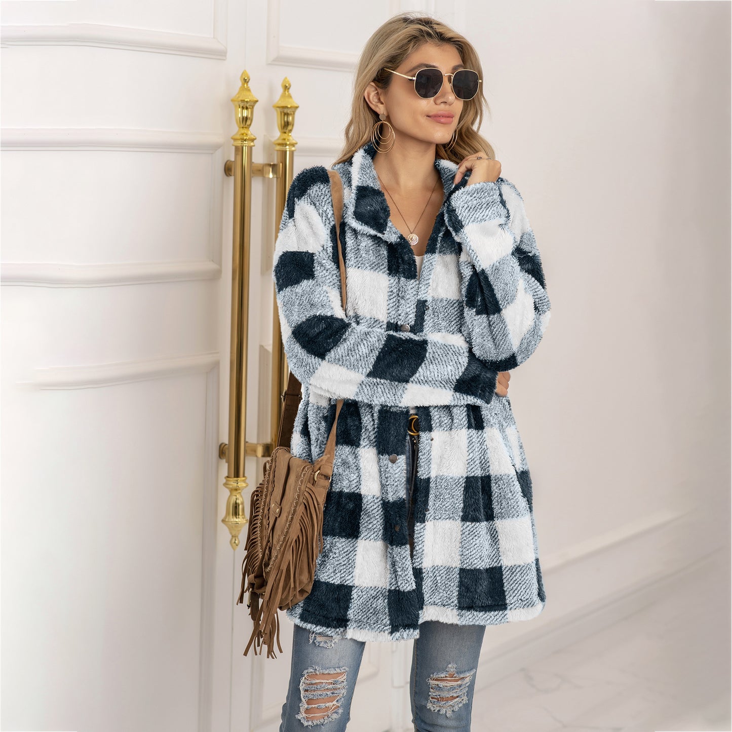 Contrast plaid long coat