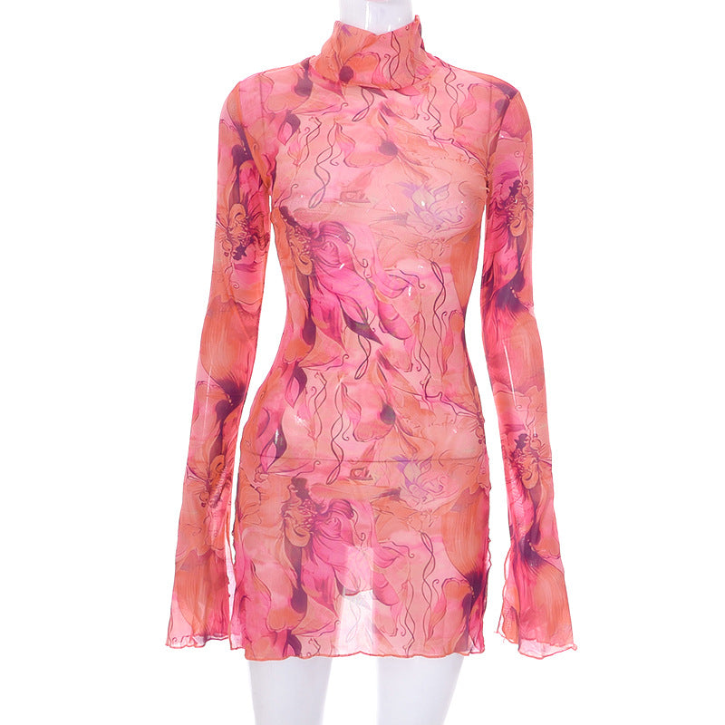 Mesh Floral Print Round-neck Flared Sleeves Side Open Sheath Dress