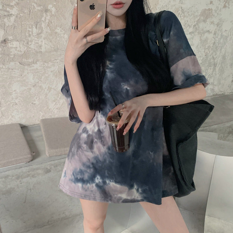 Open-back Design Short-sleeved T-shirt Tie-dye Loose