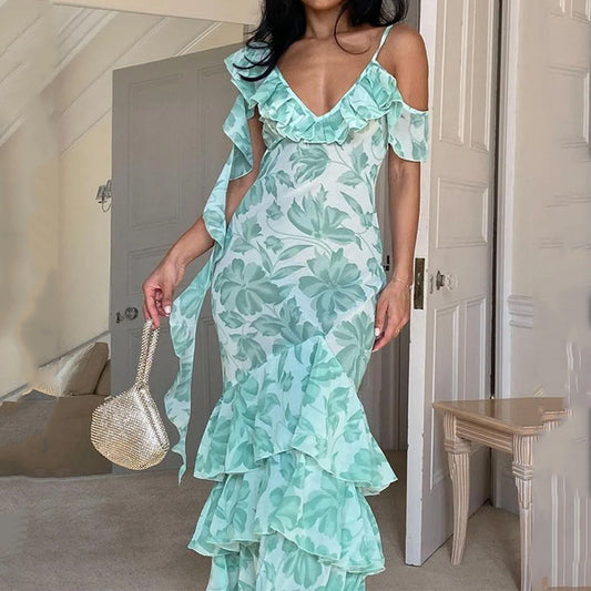 Fashion Printed Fishtail Ruffled Dress
