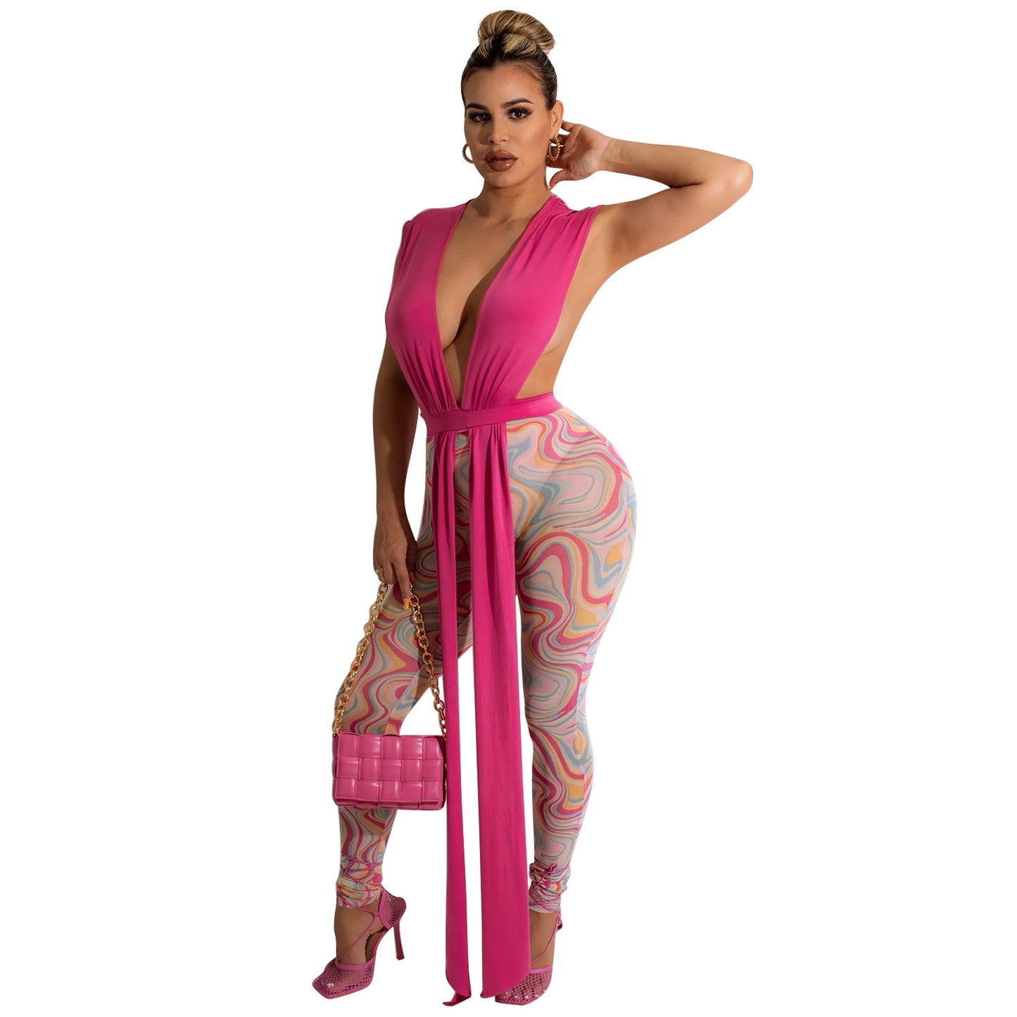 Ladies Fashion Mesh Print Trousers Two Piece Set Women