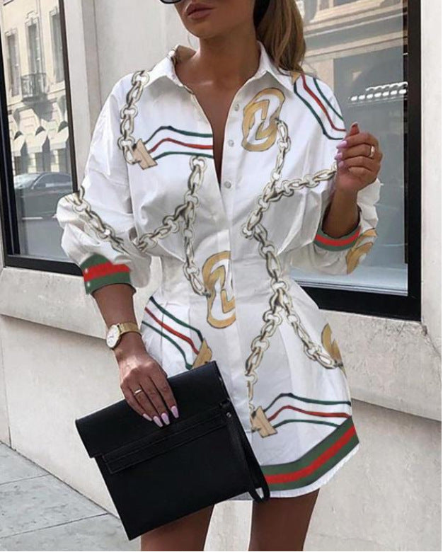 Hot Sale Fashion Print Waist Shirt Lantern Sleeve Shirt Women