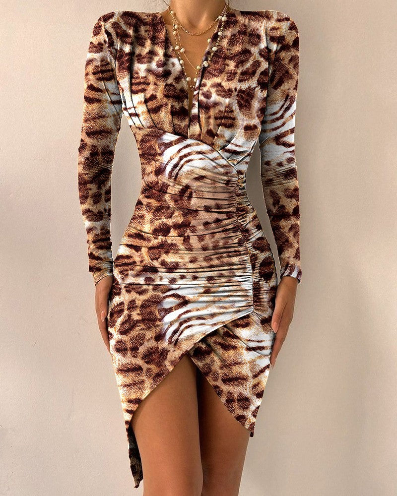 Long Sleeve V Neck Printed Skinny Slit Dress Women's