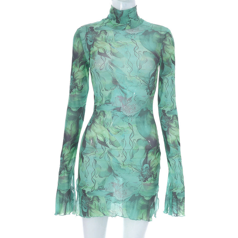 Mesh Floral Print Round-neck Flared Sleeves Side Open Sheath Dress