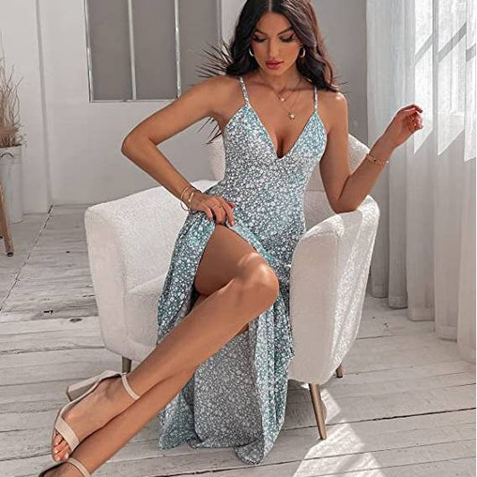 Summer European And American Women's Clothing Printed Sling Backless Casual Long Dress