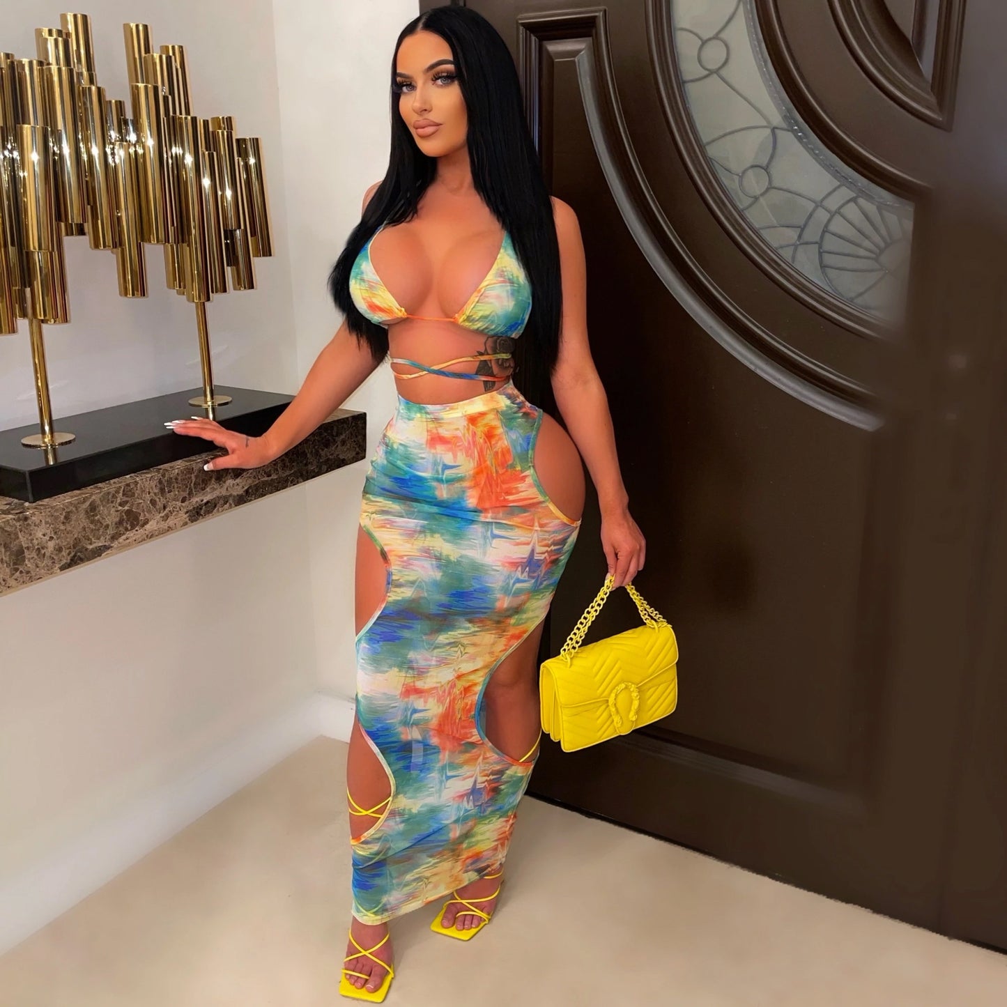 Ladies Fashion Lace Up Mesh Print Dress Two Piece Set