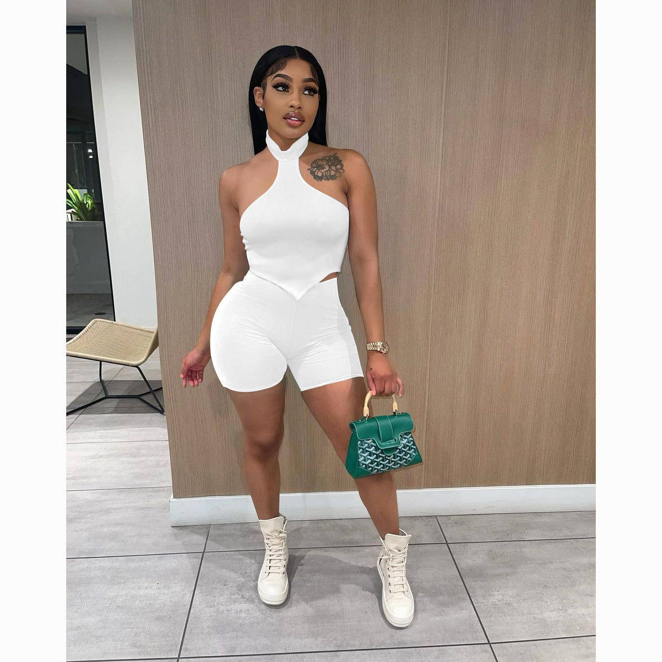 Women's Summer Halter Neck Back Short Sleeve Shorts Suit