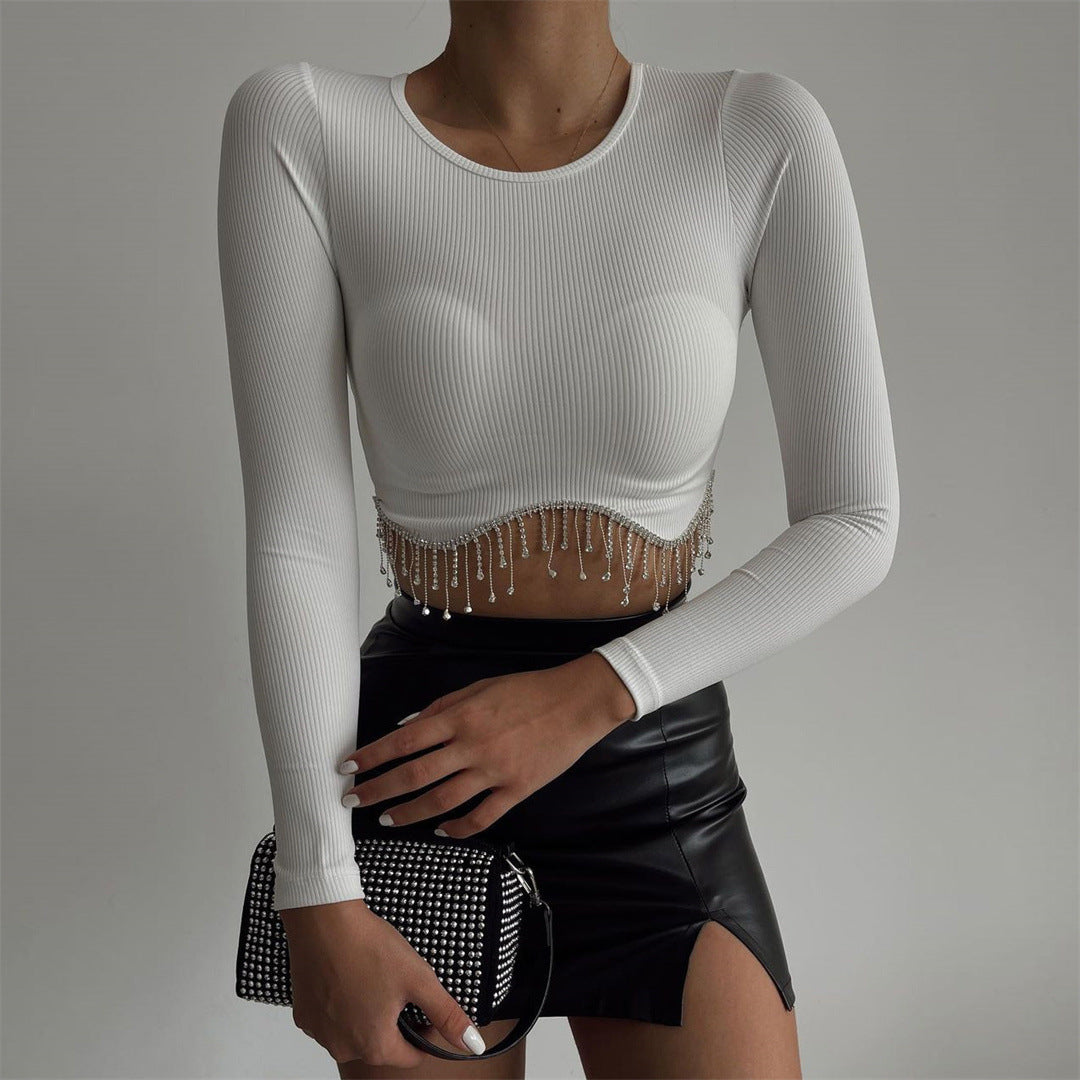 Womens Nashville Sparkly Rhinestone Fringe Long Sleeve Crop Tops Y2K Raceback Ribbed Cropped Tank Tops With Glitter Tassel