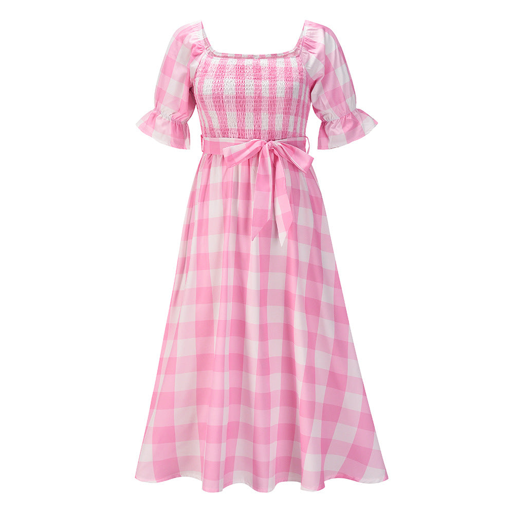Slim One-neck Off-the-shoulder Plaid Print Beach Dress