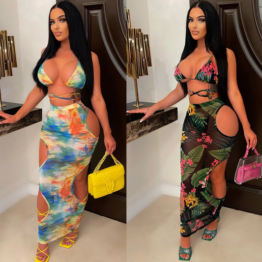 Ladies Fashion Lace Up Mesh Print Dress Two Piece Set