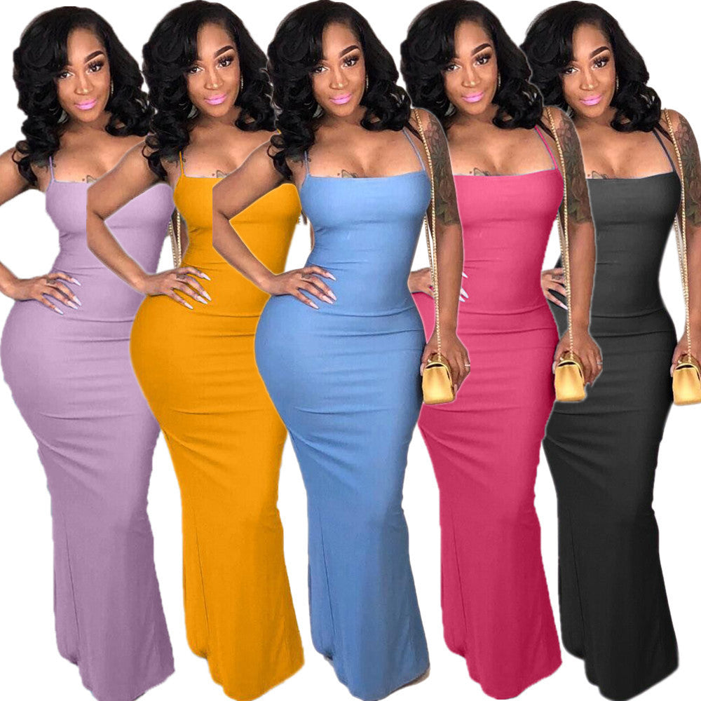 Hollow split solid color long dress