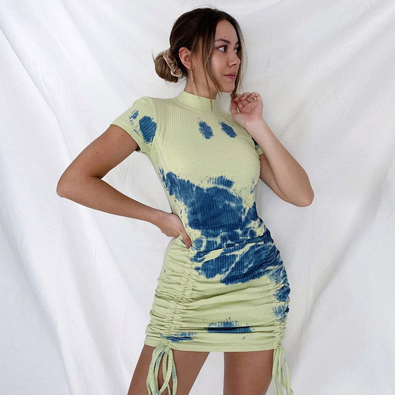 Tie-dye printed drawstring dress skirt
