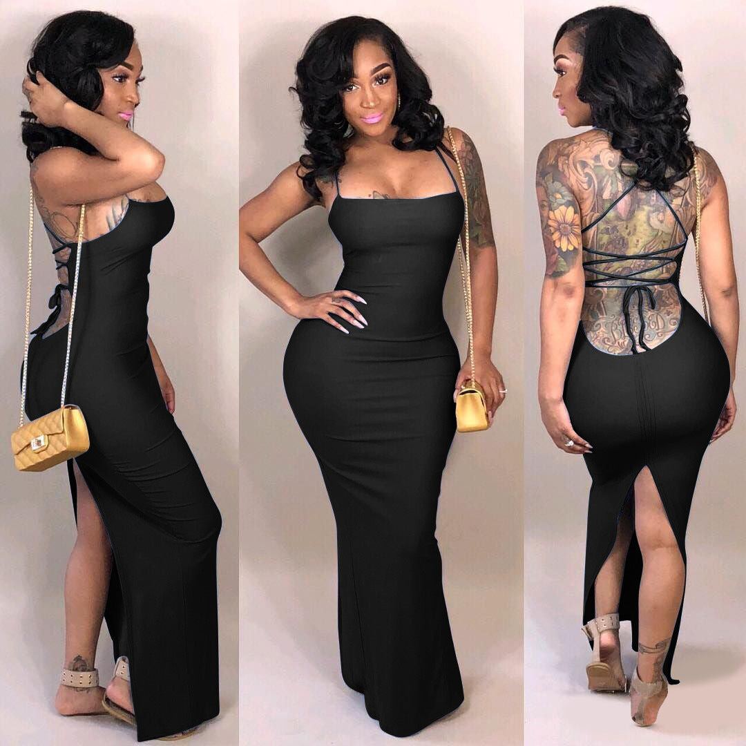 Hollow split solid color long dress