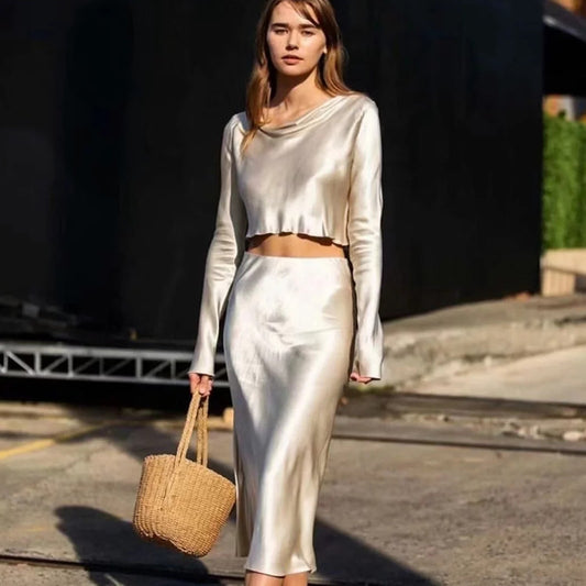 Long sleeve short T-shirt + satin skirt casual suit