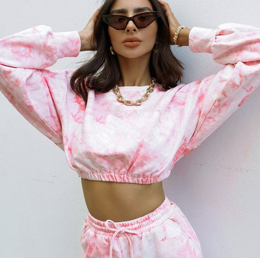 Round Neck Long Sleeve Crop Top Waist Rope Shorts Fashion Tie Dye Printed Casual Set Autumn Clothes