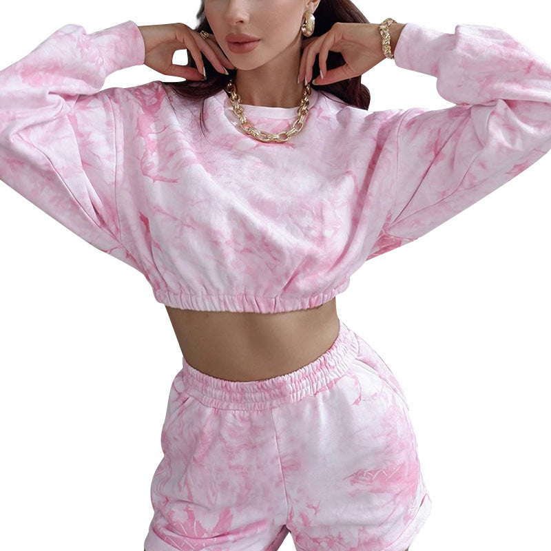 Round Neck Long Sleeve Crop Top Waist Rope Shorts Fashion Tie Dye Printed Casual Set Autumn Clothes