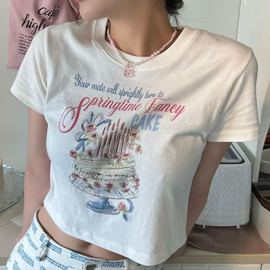 Cute Color Lead Printing Round Neck Short-sleeved T-shirt