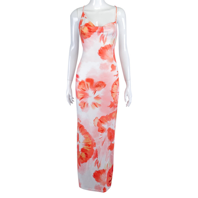 Autumn Foreign Trade Women's Clothing Fashion Printed Loose Back Rope Halter Long Dress