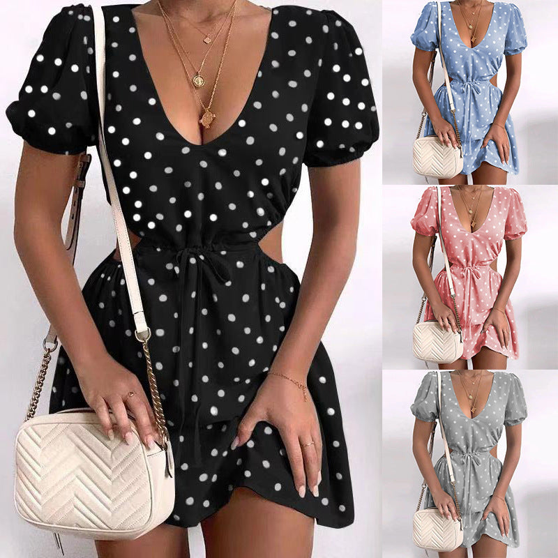 Polka Dot Print Cutout Waist Short Sleeve Dress