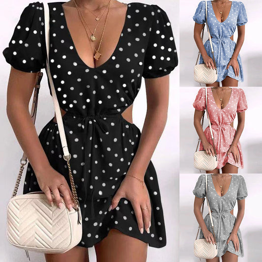 Polka Dot Print Cutout Waist Short Sleeve Dress