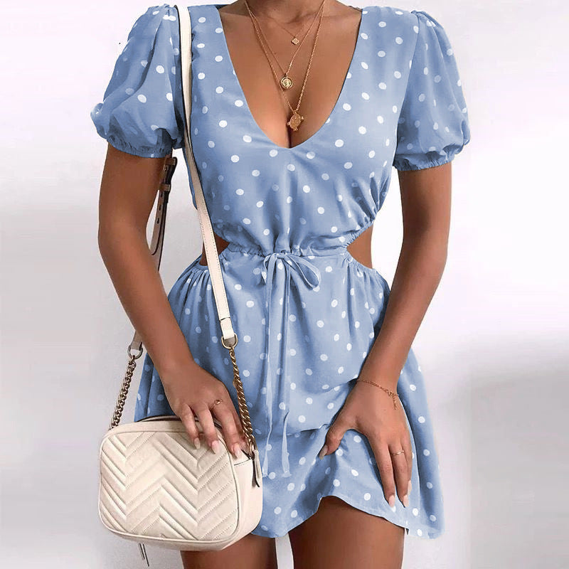 Polka Dot Print Cutout Waist Short Sleeve Dress