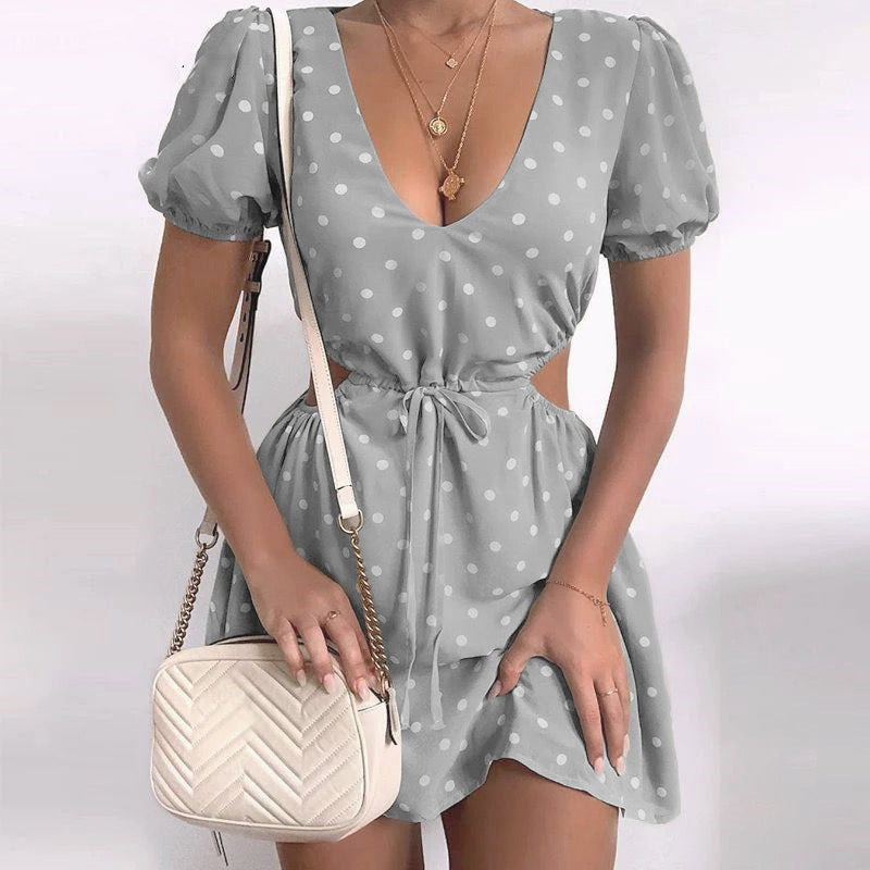 Polka Dot Print Cutout Waist Short Sleeve Dress