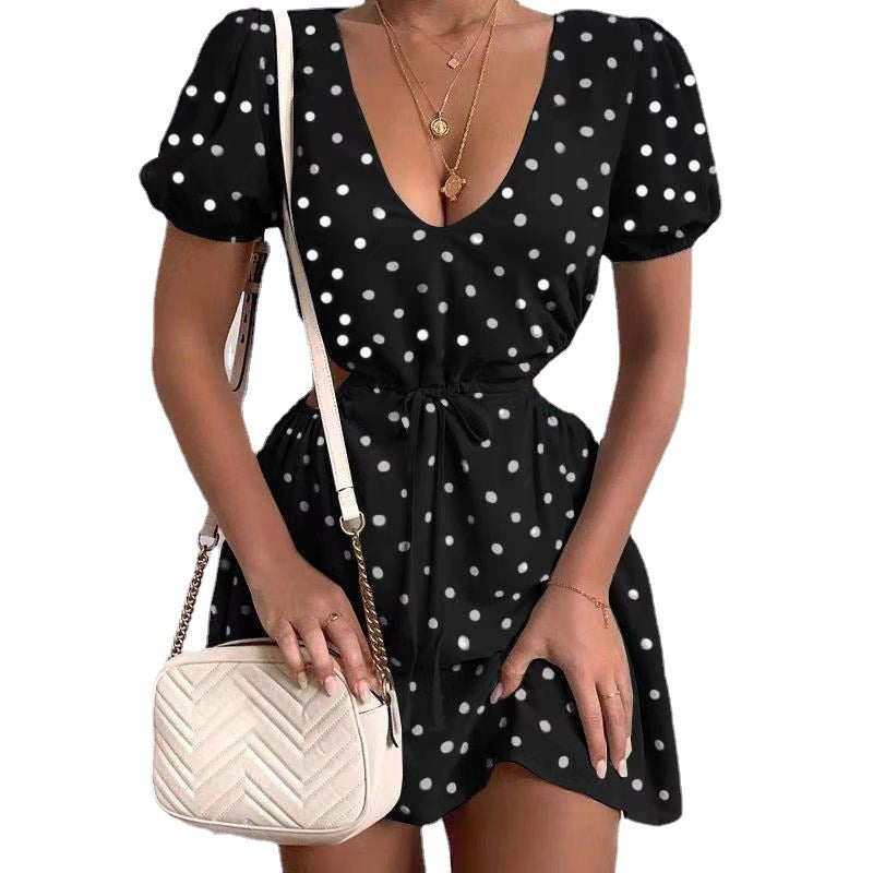 Polka Dot Print Cutout Waist Short Sleeve Dress