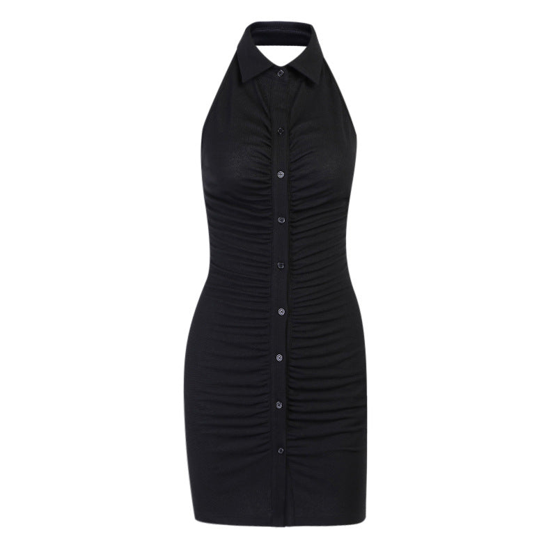 Halter Dress Sexy Lapel Open Back Button Skirt