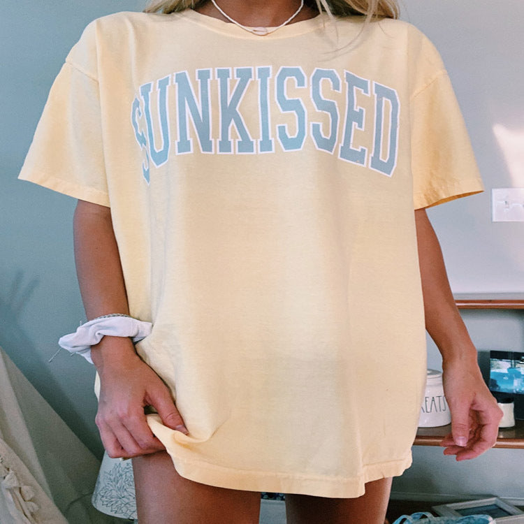 Round Neck Short Sleeve Graphic Print Loose Pullover Women's T Shirt