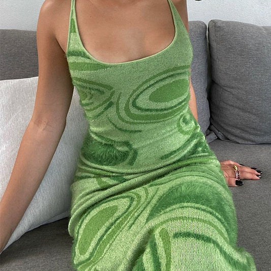 New Women's Printed Back Hollow Design Knitted Sling Bag Hip Dress Women