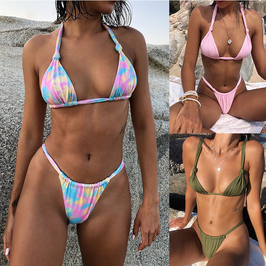 Bikini Split Print Knotted Triangle Bag Swimsuit Sexy