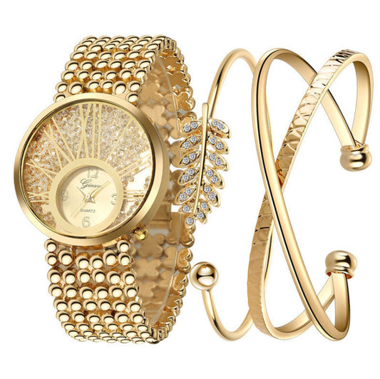 Ginave New European And American Diamond Quartz Watch 18K Real Gold Leaf Bracelet Casual Set Wish Hot Sale