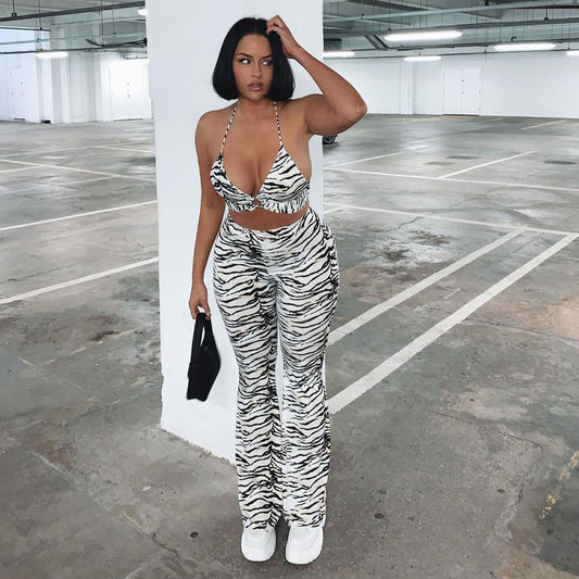 Striped Printed Lace-up Top Casual Wide-leg Trousers Suit