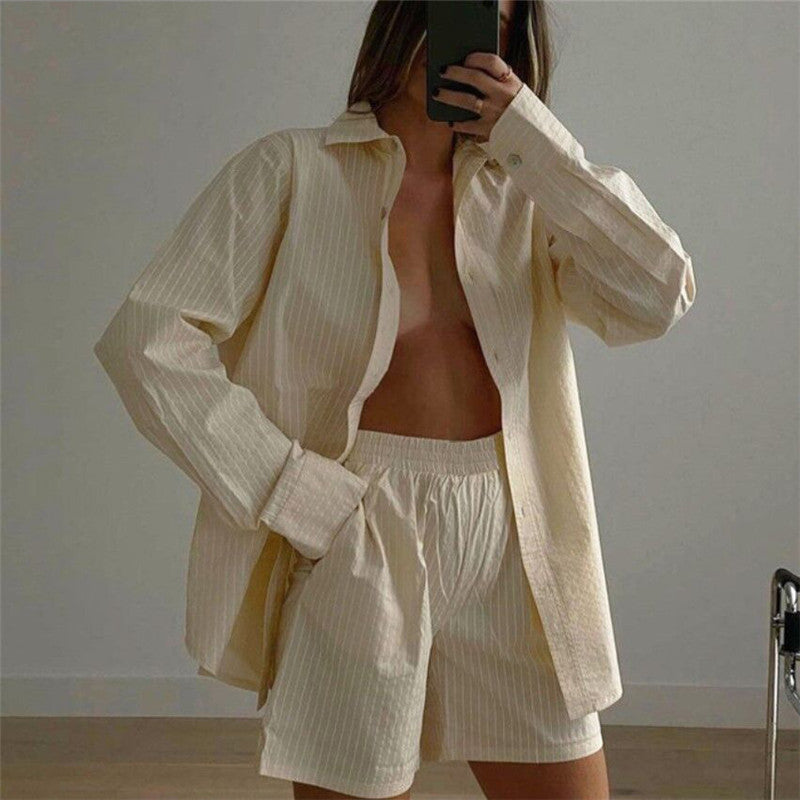 Striped Loose Shirt Shorts With Pockets Fashion Casual Suit