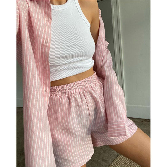 Striped Loose Shirt Shorts With Pockets Fashion Casual Suit