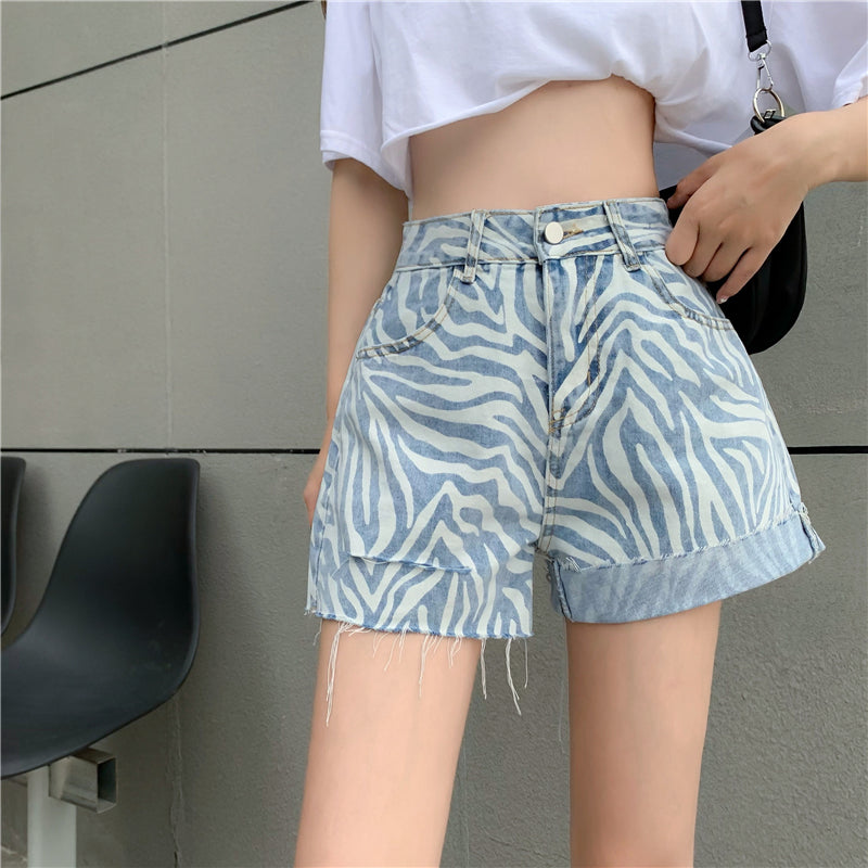 Jeans Women\'S High Waisted Slim Loose Straight Shorts Summer Zebra Grain Slim Wide Leg Pants
