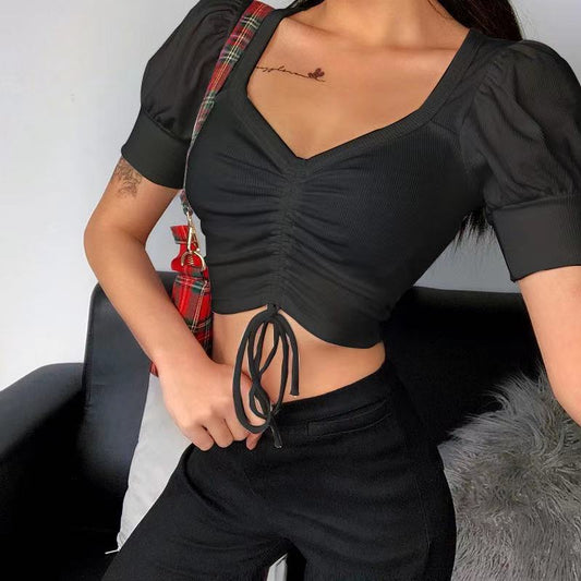 Fashion Slim Solid Color Pleated Lantern Sleeve V-neck Blouse