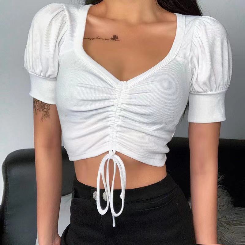 Fashion Slim Solid Color Pleated Lantern Sleeve V-neck Blouse