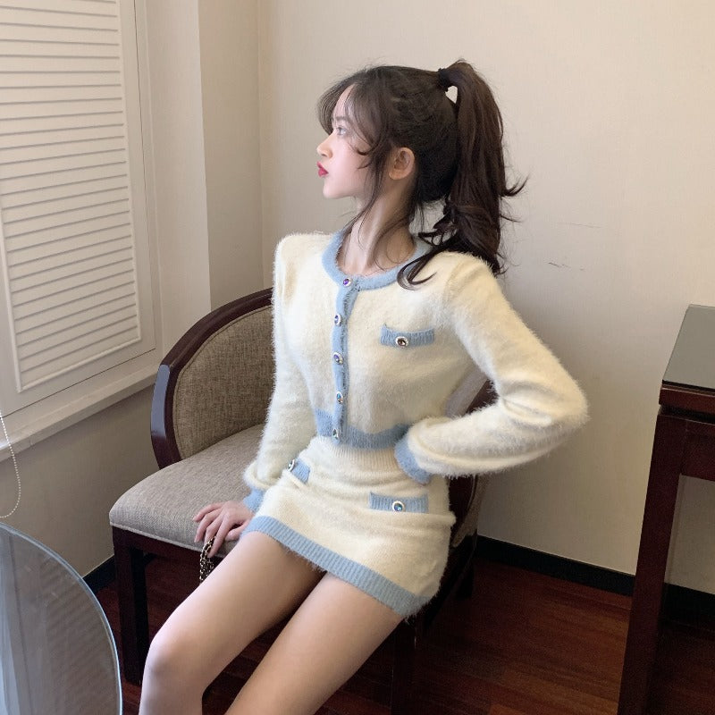 Long-sleeved Knitted Sweater Bag Hip Skirt