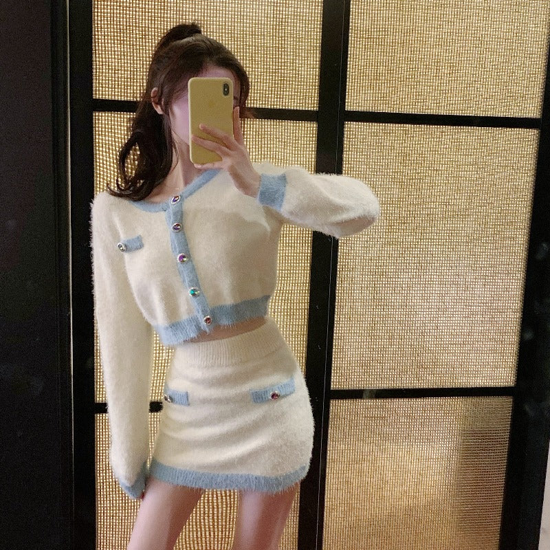 Long-sleeved Knitted Sweater Bag Hip Skirt