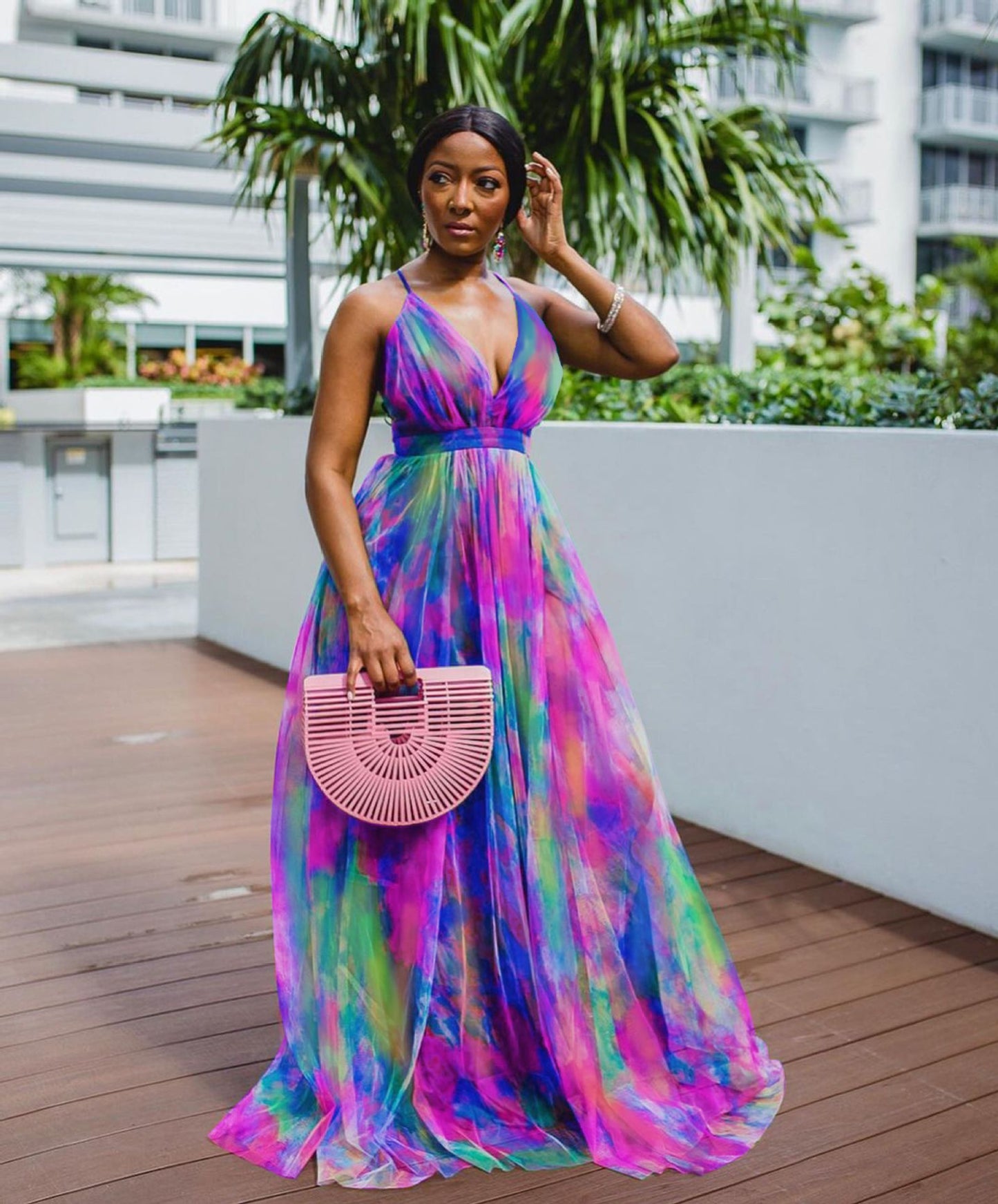 Women's New Women's Printed Dress Explosive Sexy Deep V Dress Long Skirt