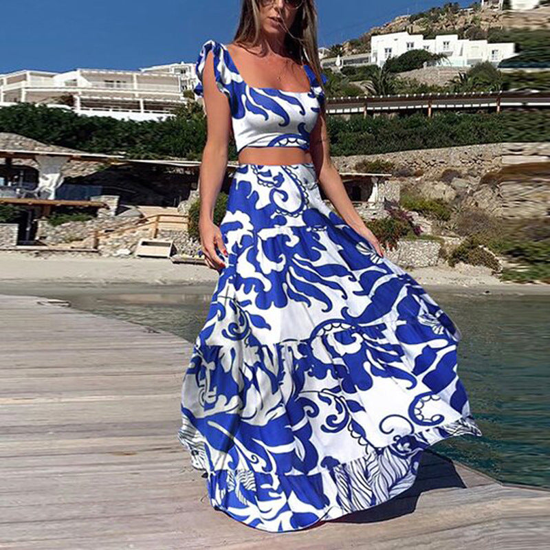 Women's New Women's Printed Dress Explosive Sexy Deep V Dress Long Skirt