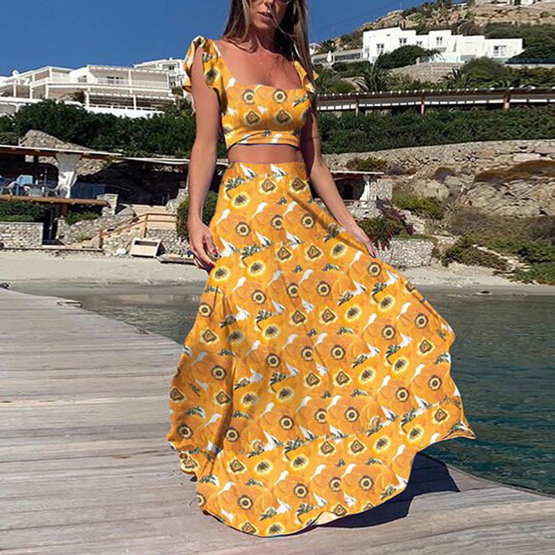 Women's New Women's Printed Dress Explosive Sexy Deep V Dress Long Skirt