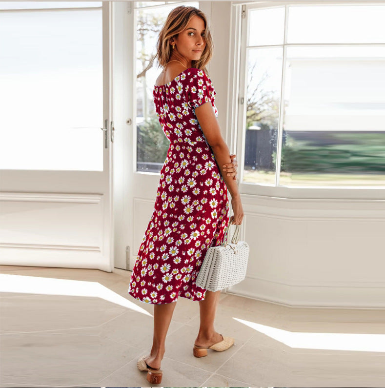 Floral square collar drawstring hem split dress
