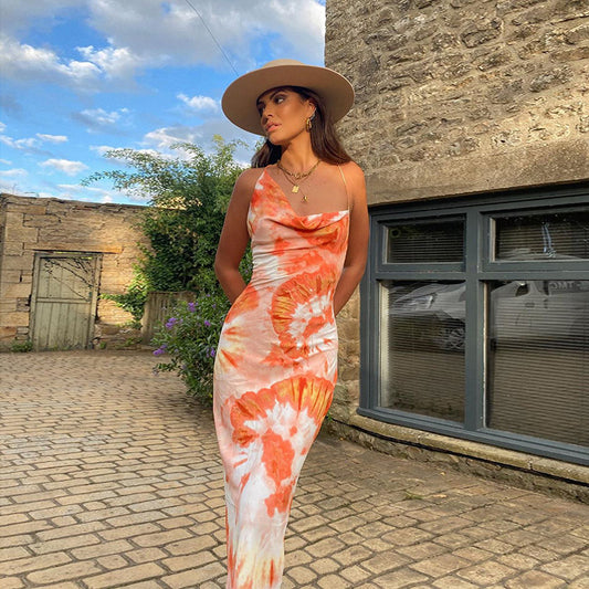 Autumn Foreign Trade Women's Clothing Fashion Printed Loose Back Rope Halter Long Dress